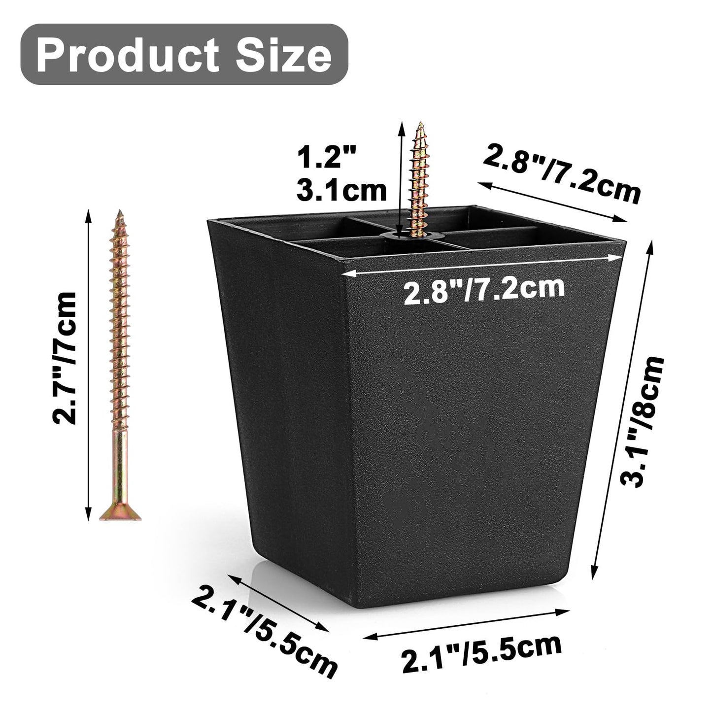 OwnMy 4PCS 3 Inch Plastic Furniture Legs Screw-in Plastic Sofa Couch Legs Replacements, Square Furniture Feet Legs for Coffee Table Chair Bed Risers, Black