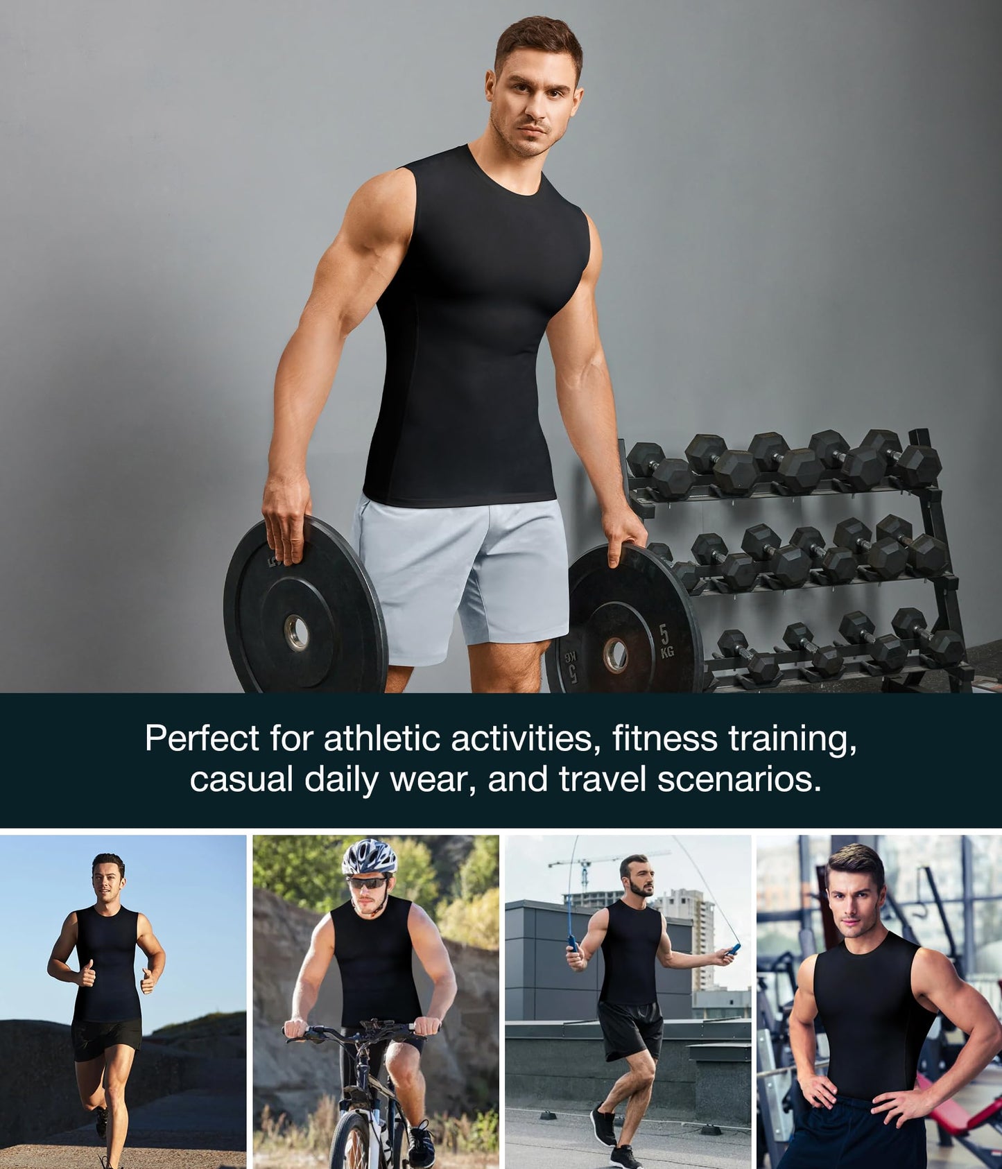 Eleady 2 Packs Compression Shirt Men Workout Shirts Athletic Base Layer Sleeveless Tank Top Slimming Undershirt - Large, Black+White