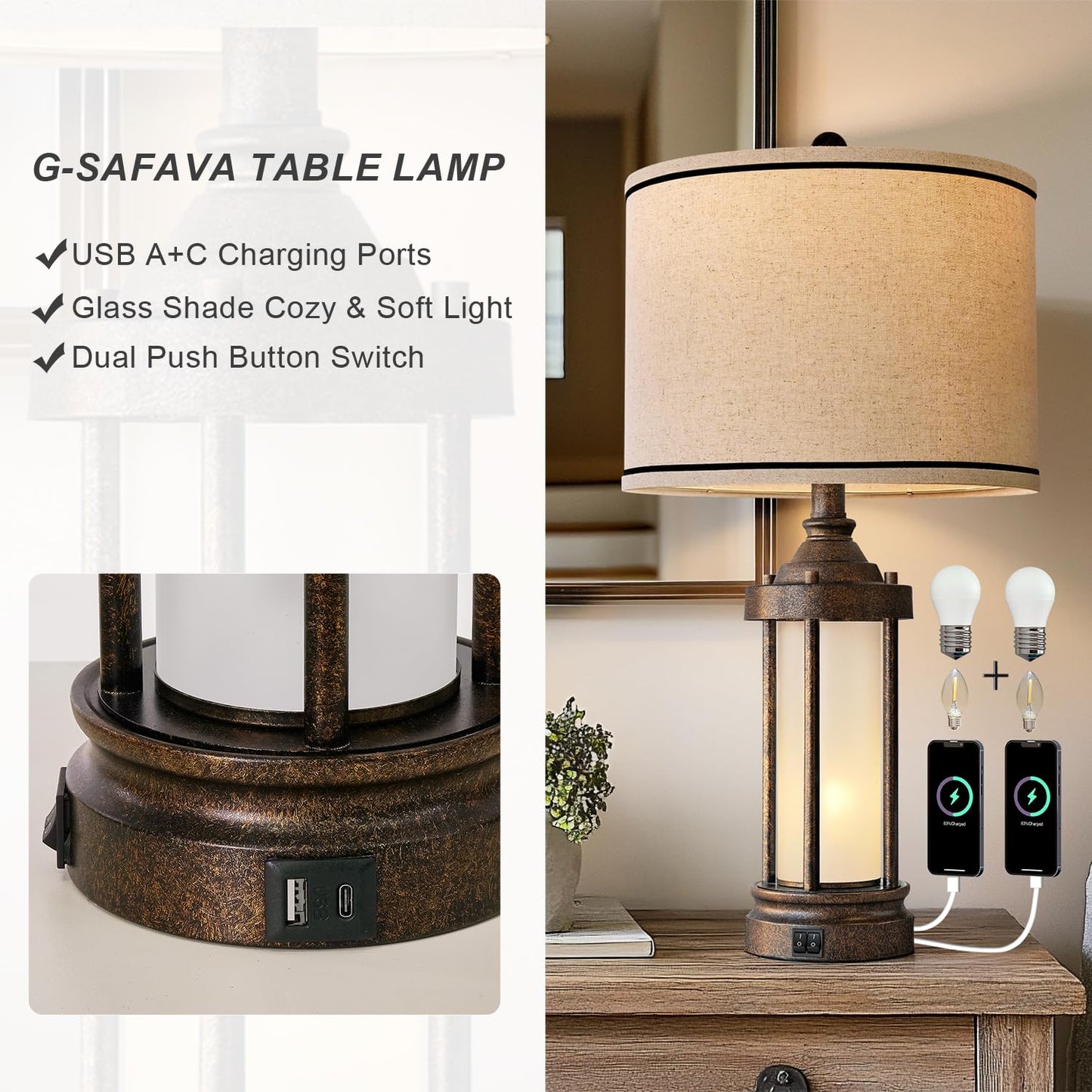 25'' Table Lamps Set of 2 for Living Room Bedroom Farmhouse Metal Lamps with 2 USB Ports, Built-In Frosted Glass Night Light Vintage Industrial Nightstand Bedside Lamp, 4 Bulbs Included, Bronze