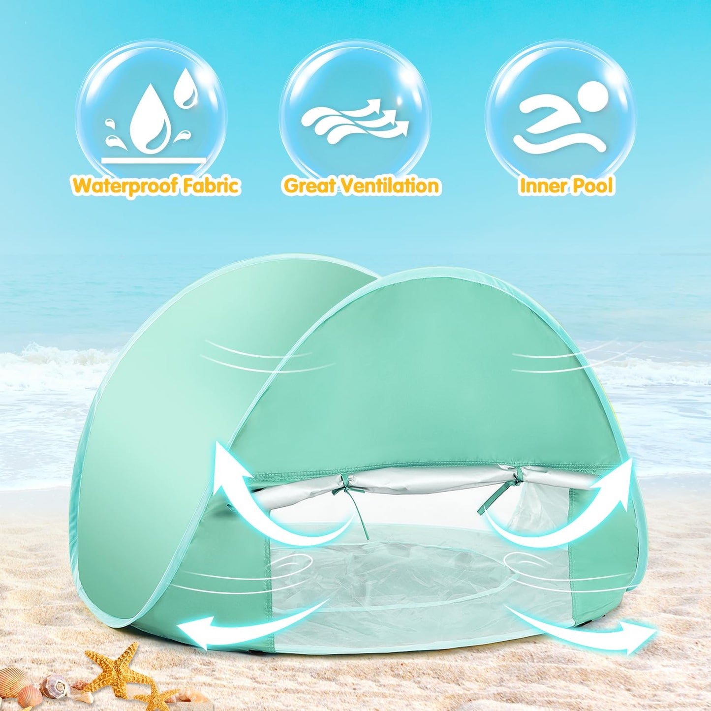 Kapeazo Baby Beach Tent with Pool, Portable UV Protection Sun Shelter for Infant, Pop Up Instant Beach Tent for Baby