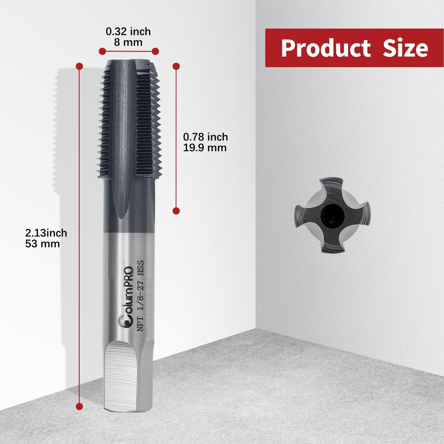 ColumPRO 1/8”-27 NPT Pipe Tap, High-Speed Steel Thread Tap with AD+ Coating, Heavy-Duty Threading Tool for Stainless Steel, Brass, PVC, Metal
