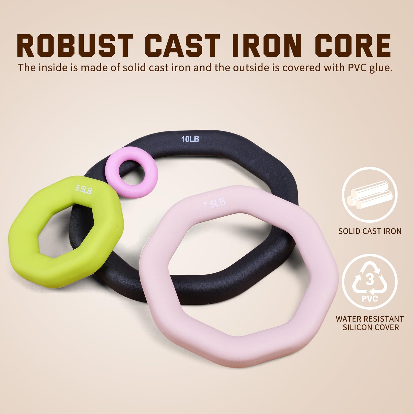 Leikefitness Weight Ring 2-in-1 Kettlebell & Dumbbell, cast iron+PVC coating, Yoga Exercise, Aerobics, Core Training, 4 in a set (0.33LB + 5.5LB + 7.5LB + 10LB)