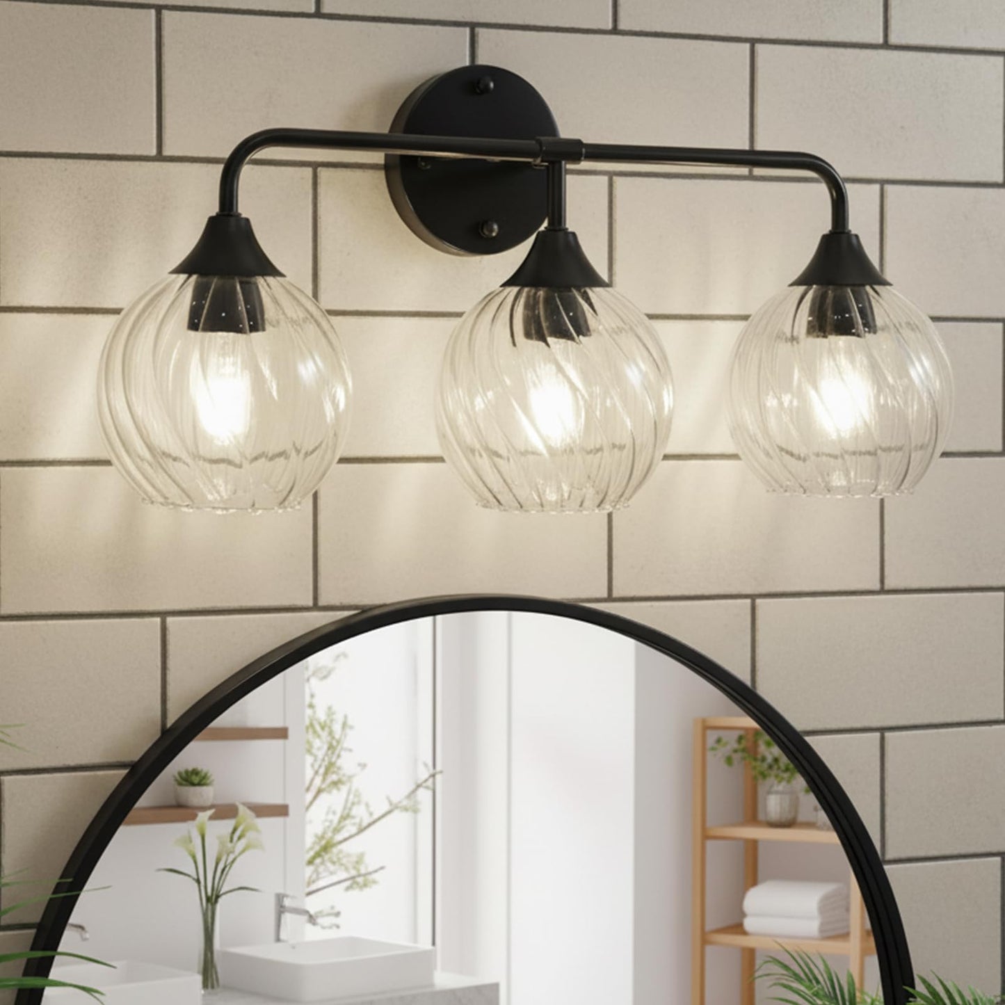 ANDY STAR 3-Light Matte Black Bathroom Vanity Light, 22” Modern Wall Sconce with Clear Spiral Glass Shades, Anti-Rust Metal Lighting Fixture for Bathroom Mirror, Powder Room, E26 Base