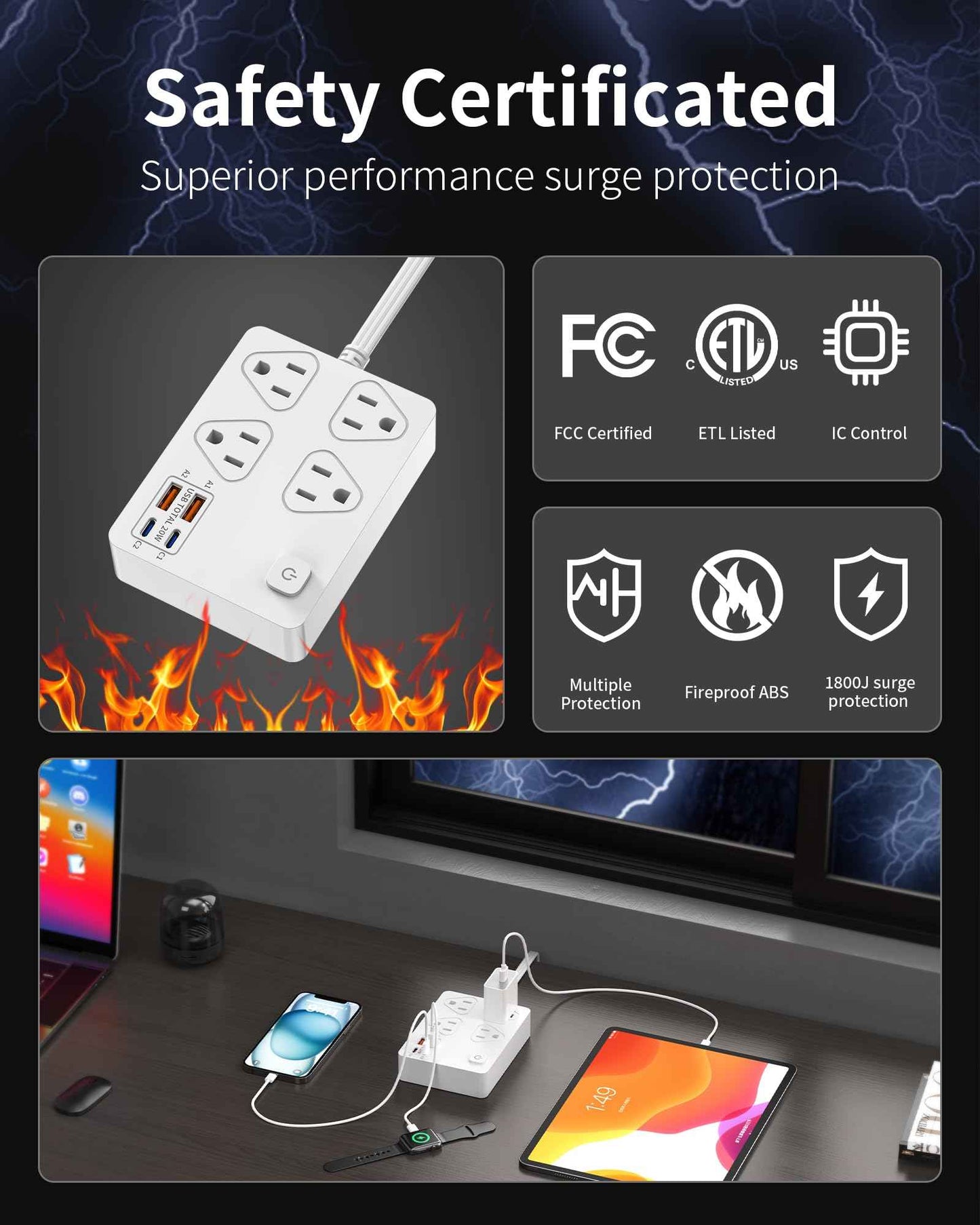 VPSUN Power Strip Surge Protector with 20W USB C Ports,6Ft Flat Plug Extension Cord Wall Mount 4 Outlets Extender,Fast USB Charging Station 1080J (White)