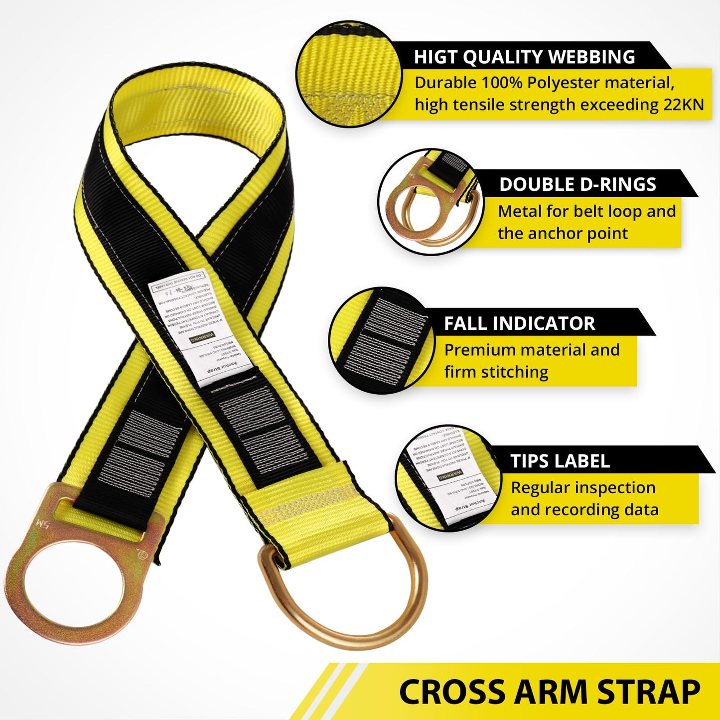 TRSMIMA Safety Strap Fall Protection - 3ft Cross Arm Strap Anchor Strap Anchorage Lanyard with Double D Ring ANSI for Safety Harness