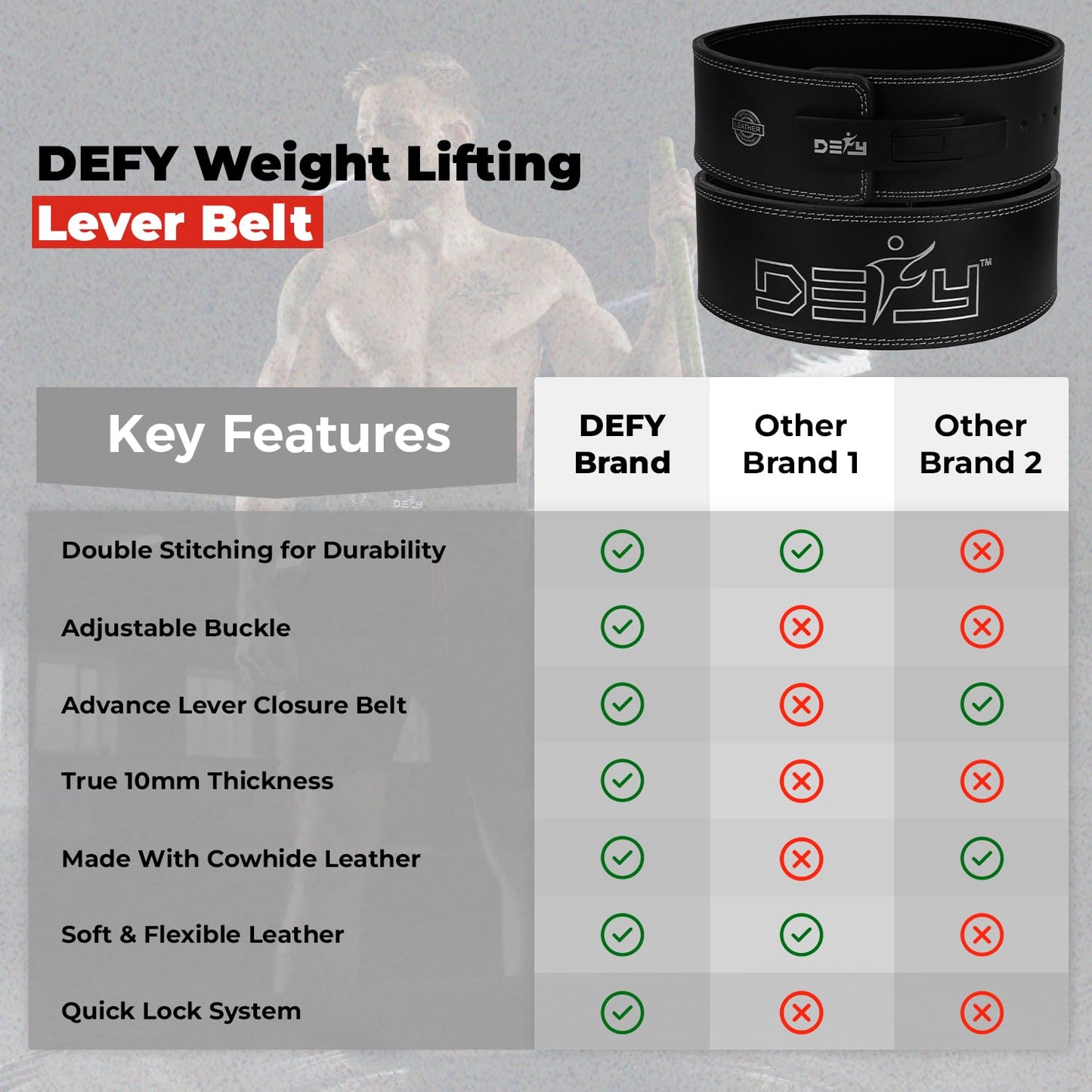 DEFY Lever Belt Cowhide Genuine Leather 10MM Gym Training Power Lifting Men & Women Weightlifting Belt Black (Small)