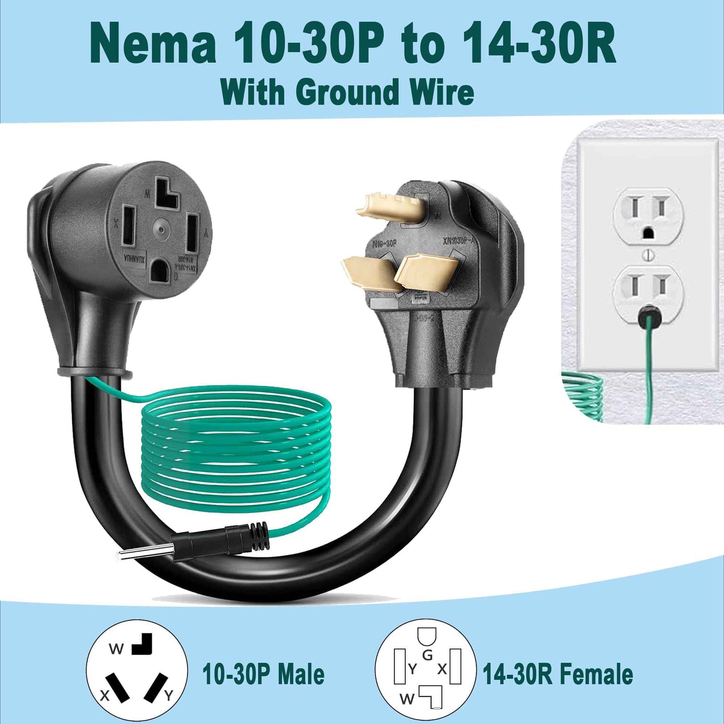 Dryer Outlet Adapter, 4 Prong to 3 Prong Dryer Adapter, Dryer Convert Cord NEMA 10-30P Male to 14-30R Female, 10 AWG 3 to 4 Prong Dryer Adapter with Safety Ground Wire
