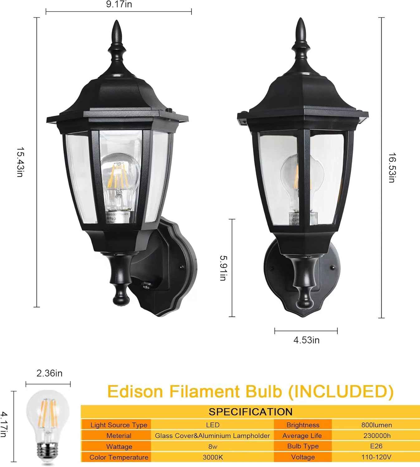 Outdoor Wall Light with Dusk to Dawn Sensor - 2-Pack LED Lanterns for Porch & Garage