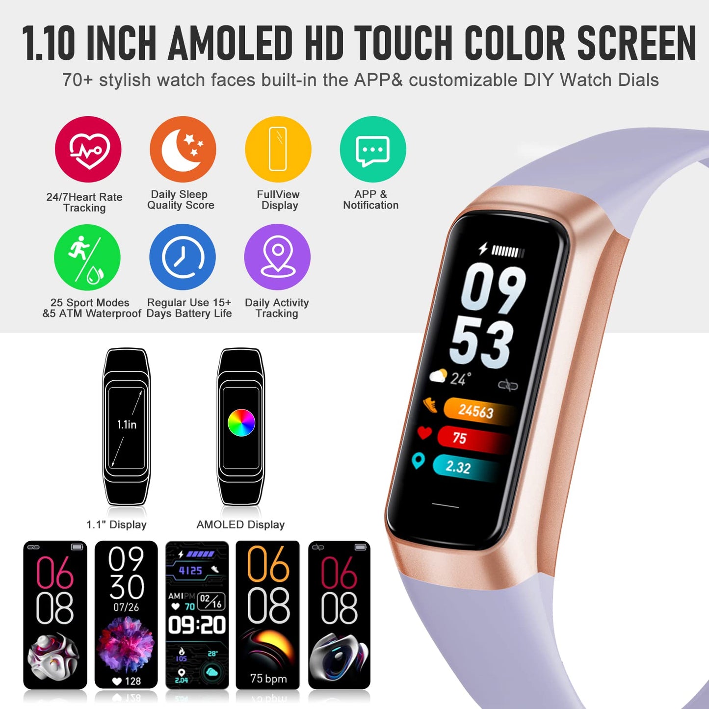 Bakoor Fitness Tracker with 24/7 Heart Rate Blood Oxygen Sleep Tracking, 1.10''AMOLED Touch Color Screen Fitness Watch Step Counter, Activity Pedometer for Women Men
