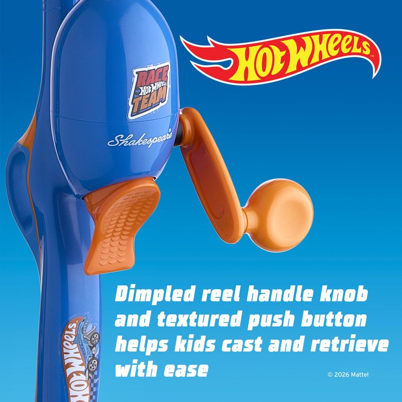 Shakespeare Mattel Hot Wheels Kids Fishing Set, 2’6” Kids Fishing Rod and Reel Combo, Comes with Net and Tackle Box, Complete Kit with Bobbers and Bait