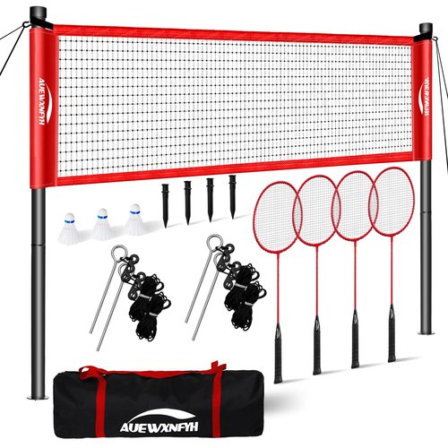 AUEWXNFYH Backyard Badminton Set: Portable Outdoor Net with 4 Performance Rackets, 3 Shuttlecocks & Boundary Line - Complete Heavy-Duty Set for Family Lawn, Grass & Beach Games