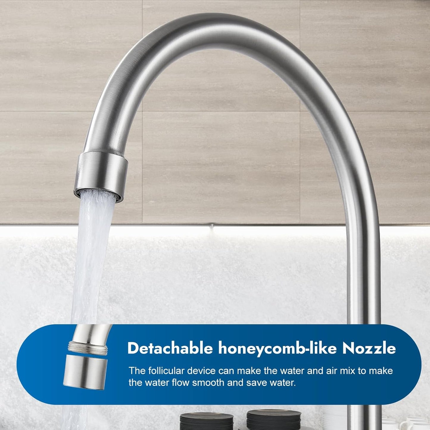 Brushed Nickel Kitchen Faucet with 360° Rotating Spout & Side Sprayer - 2 Handle, 8 Inch Centerset