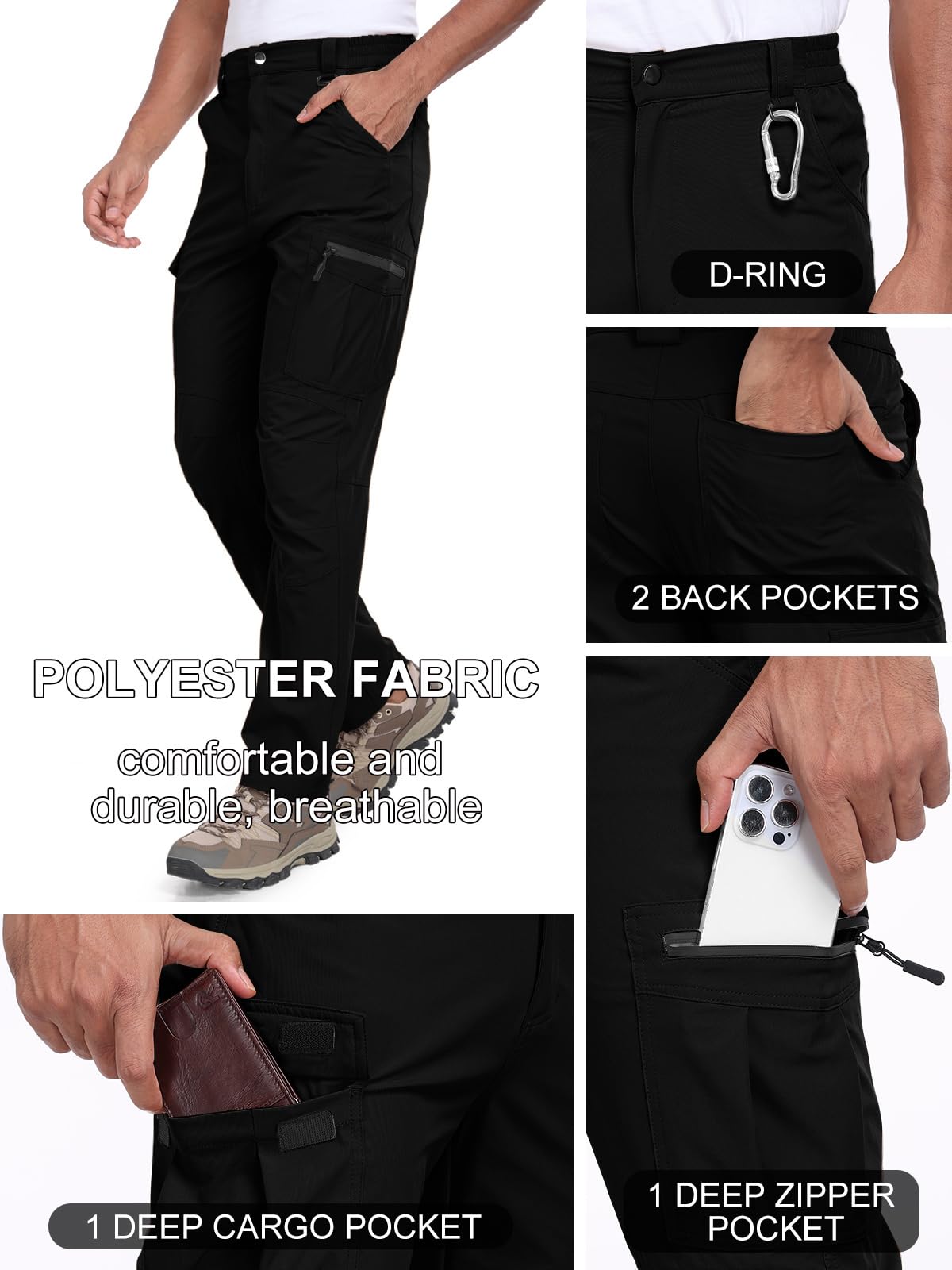 Zalify Men's Hiking Cargo Pants Water Resistant Quick Dry Lightweight Fishing Camping Cycling Travel Outdoor Pants Black M