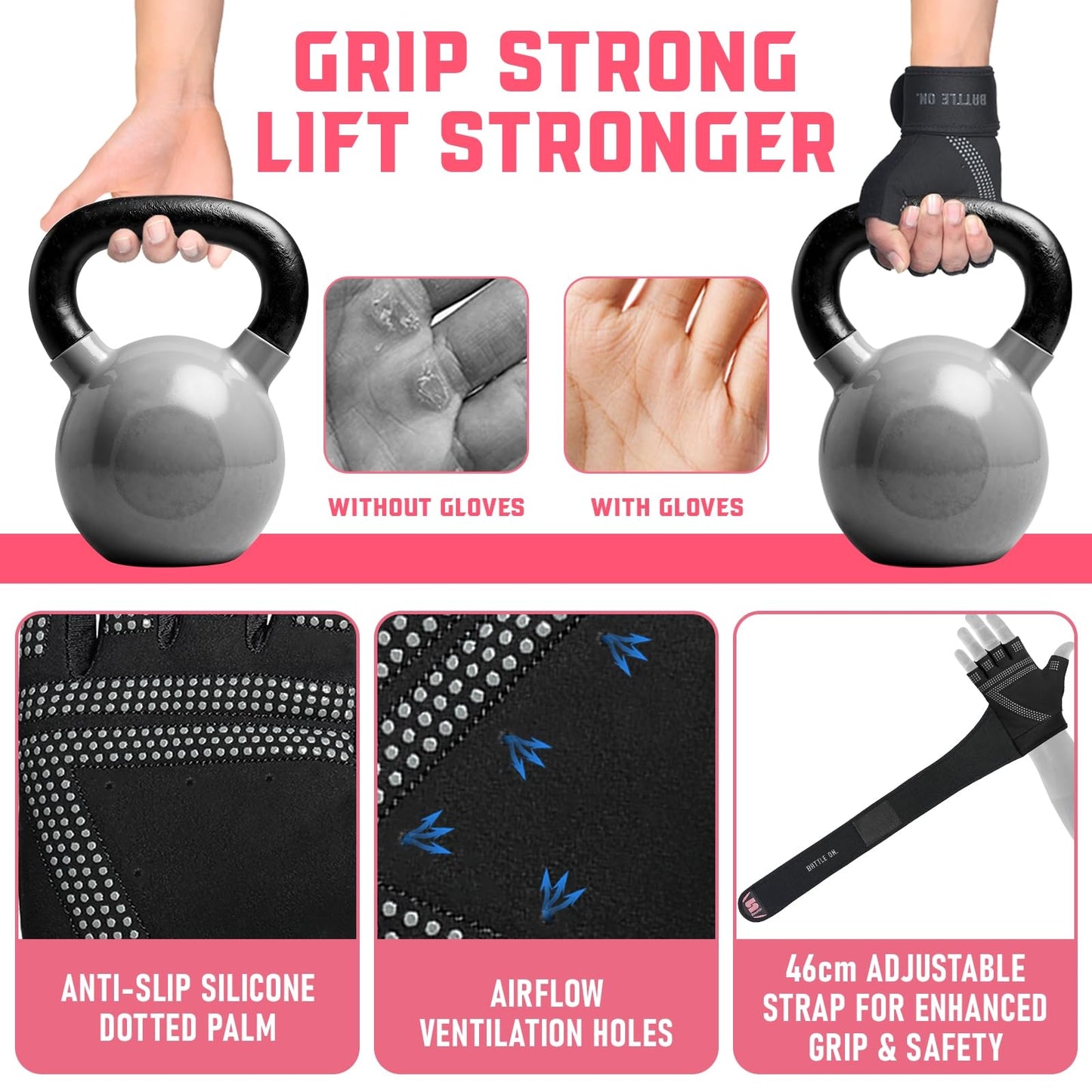 Stealth Sports Weight Lifting Gloves with Wrist Wrap Support Padded Palm Protection Exercise Gym Workout Gloves Men & Women Training Fitness Weightlifting Bodybuilding,E9(Pink,M)