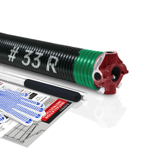 KaiMinDogz Right Hand Wind (Red Cone) 1.75" Garage Door Torsion Spring with Non-Slip Winding Bars & Gloves for Replacement, Electrophoresis Black Coated, MIN 16,000 Cycles (0.243x1.75"x33")