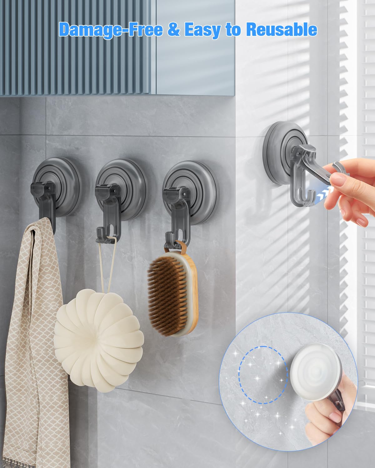 JOTPE Shower Hooks Suction Cup, Heavy Duty Suction Cup Nano Gel Hooks Waterproof for Shower, Bathroom, Glass, Door, Windows, Kitchen Hanging up to 11lbs on Smooth Surface, Easy to Install and Remove