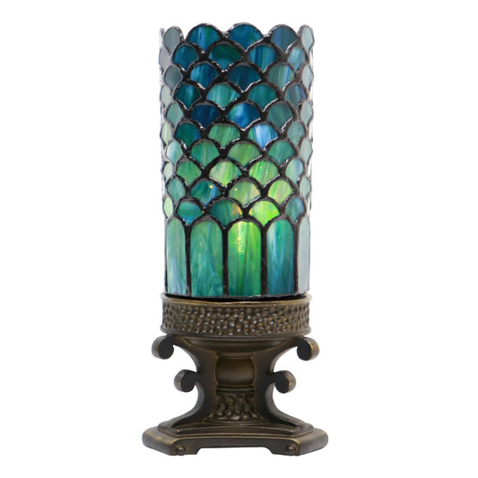 LXHCYOU Small Tiffany Lamp Mini Stained Glass Table Lamp Candle Desk Night Light Bronze Resin Base 4" D x 4" W x 10.5" H (Fishscale Style)