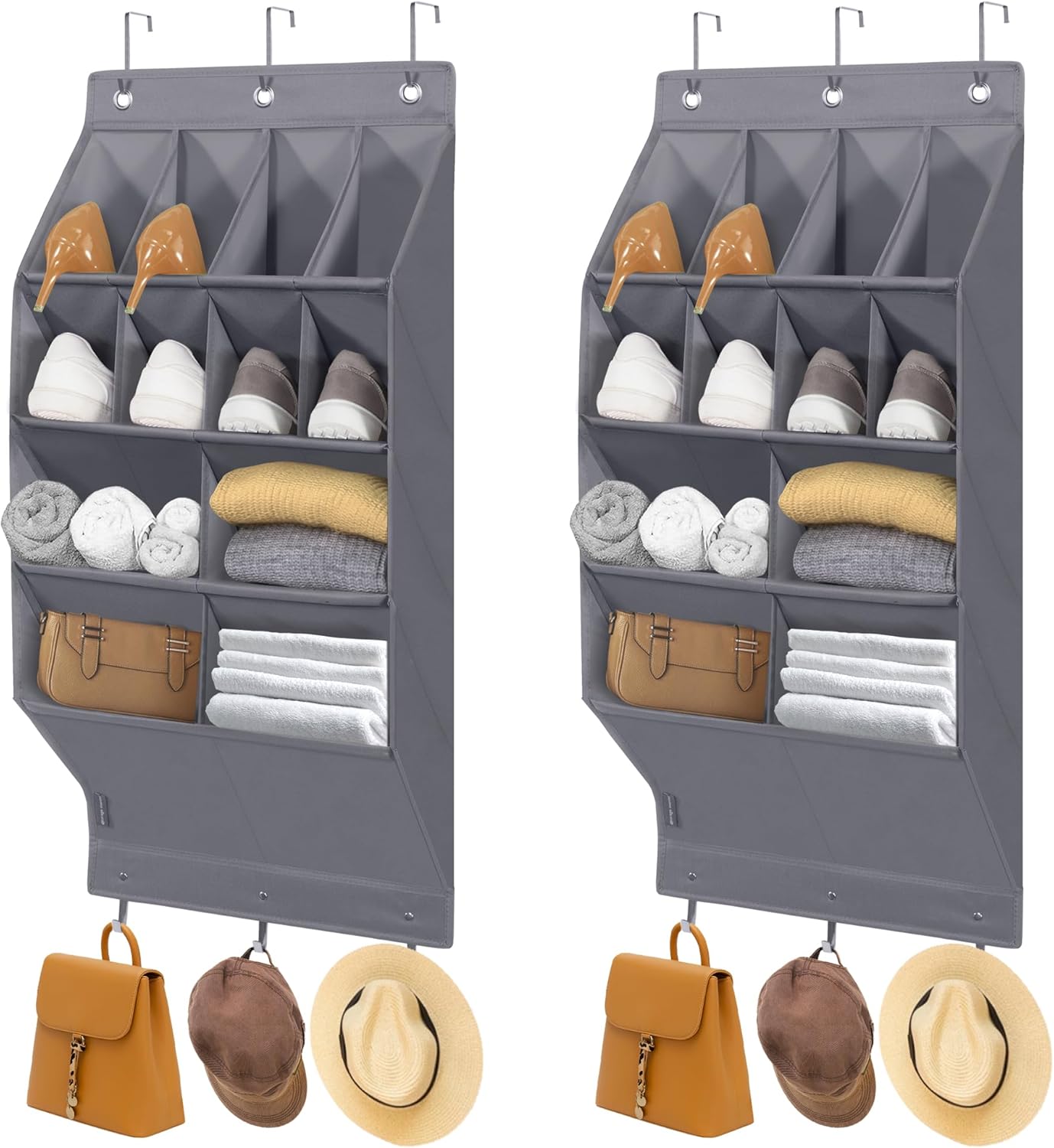 Storage Maniac Over Door Shoe Organizers - 2 Pack with 12 Large Pockets for Efficient Closet Storage | Grey