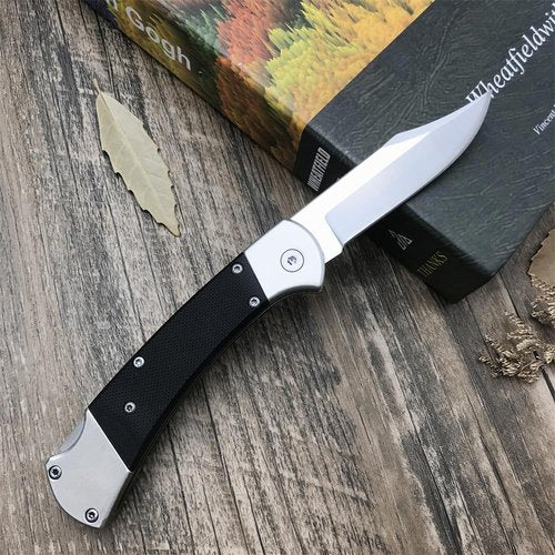 HUAAO Manually Operated Button-Lock Knife Folding Knife 440C Stainless Steel Blade, Back lock G10 Handle with Leather Sheath, EDC Pocket Knives for Men (Black)