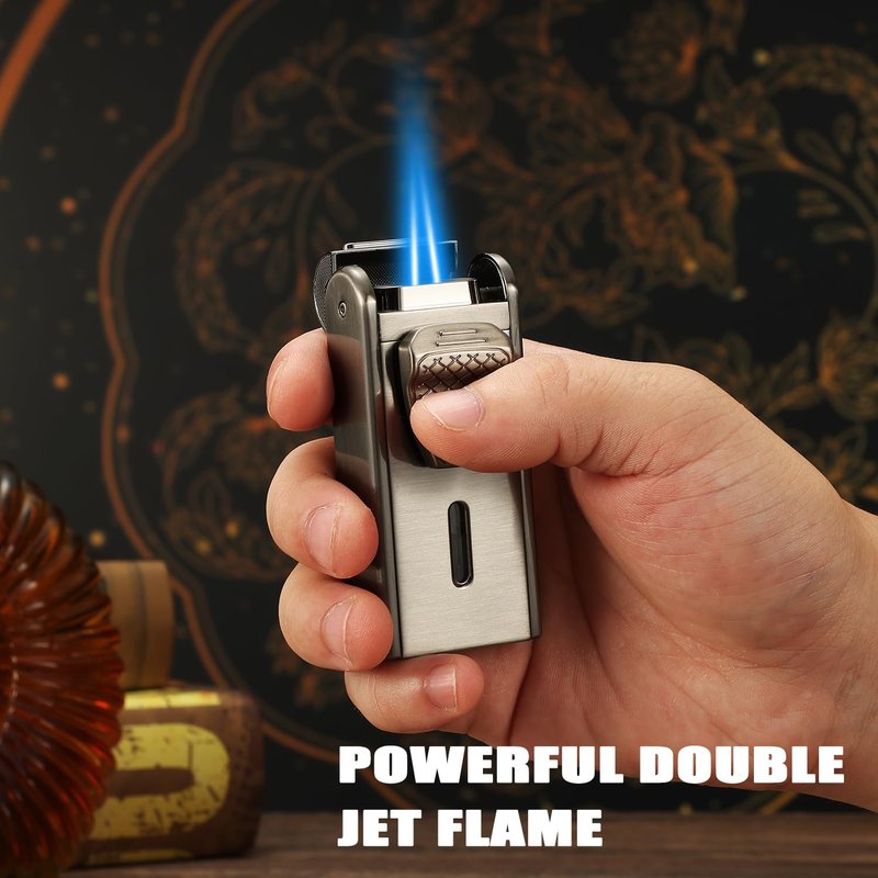 Bbsisgo All in One Torch Lighter, Jet Flame Butane Lighter Built-in Cutter, Punch, Holder Function, Refillable and Adjustable Windproof Lighter. Black(Sold Without Gas)