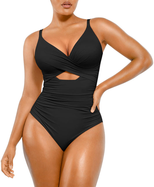SHAPELLX Tummy Control Swimsuits Women One Piece Swimsuits Women Bathing Suit Slimming Swimwear with Bra (Black,Large)