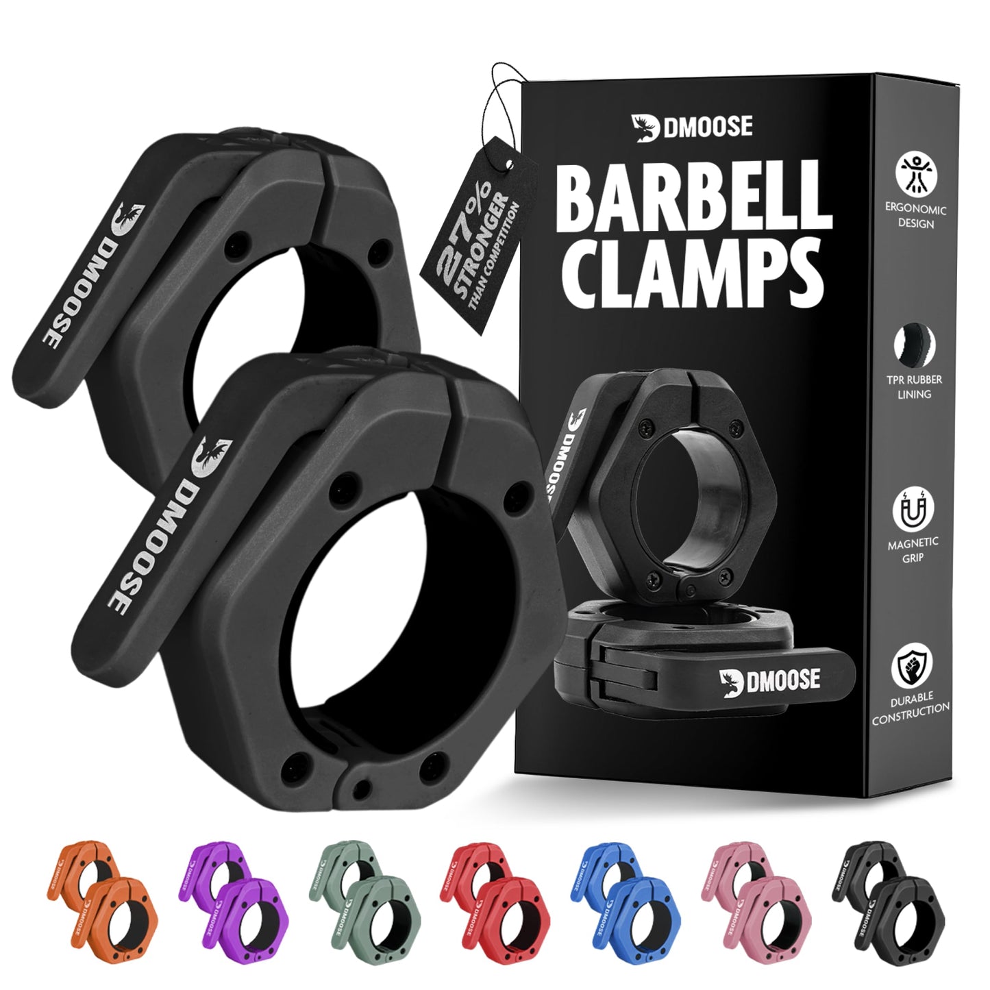 DMoose Fitness Barbell Clips (Pair) - Quick Release Olympic Barbell Clamps with Anti Slip TPR Grip - 2" Barbell Collars for Secure Weightlifting & Powerlifting (Black - Non Magnetic)