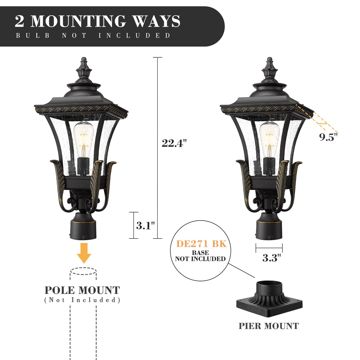 Emliviar 22.4 Inch Farmhouse Outdoor Post Light, 1-Light Exterior Pillar Lamp for House Patio, Die-Cast Aluminum with Seeded Glass, XE291PM BG