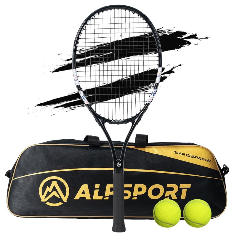 ALPSPORT ALP 27'' Powerful Head Heavy 4 3/8 in Grip Tennis Racket for Adults, Durable Pre-Strung Racquet with 1 Carrying Bag and 2 Tennis Balls, Outdoor Recreational Sport Raket for Beginner (Black)