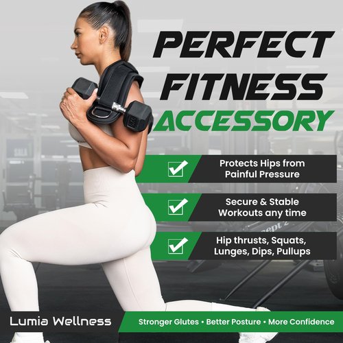 Heavy Duty Hip Thrust Belt for Dumbells, Kettlebells, and Plates - Glute Workout at Home, Gym, and Travel - Dip and Pullup Belt (Chain Included) Comfortable Padding, Double-Stitching (Black)