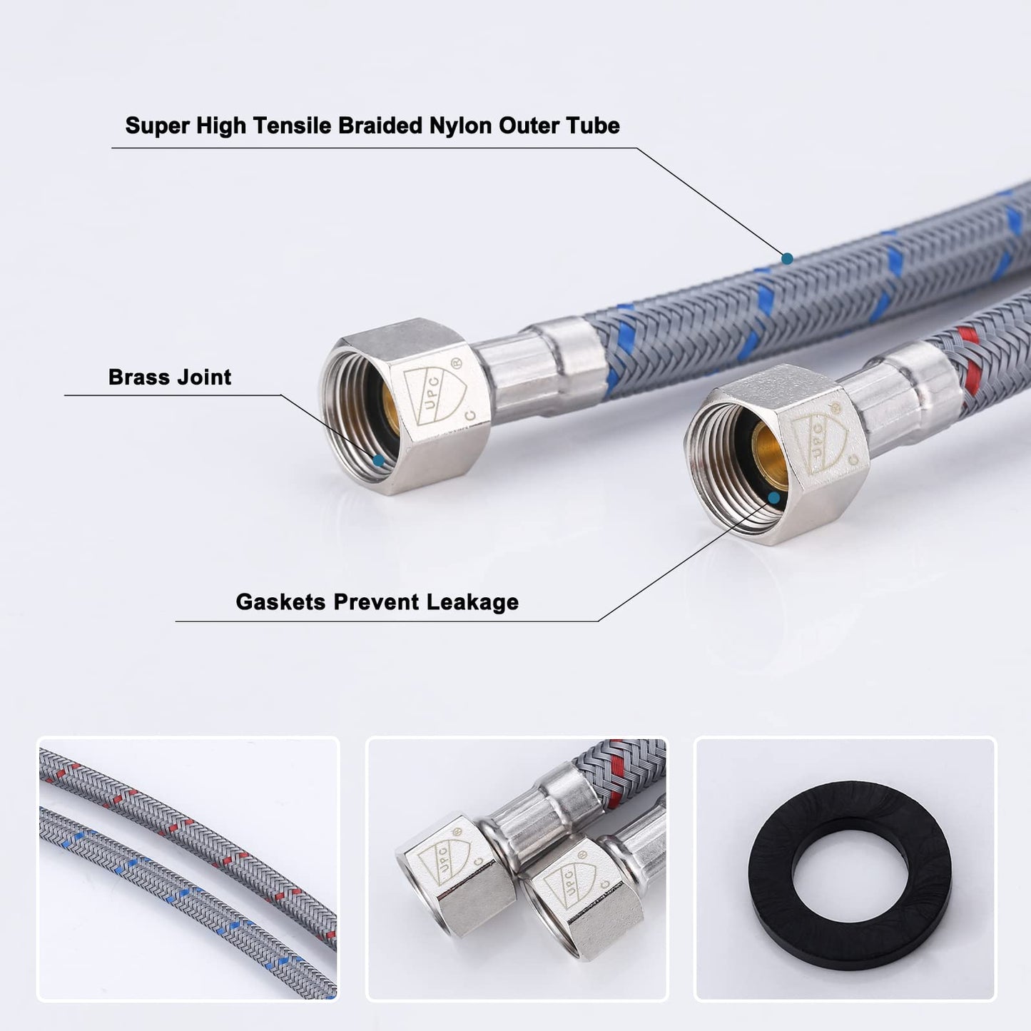 WOWOW 16" Length Faucet Supply Line, Bathroom Kitchen Faucet Lines Braided Nylon Sink Hose,cUPC Faucet Supply Lines 3/8" Female Compression Thread × M10 Male Connector 2Pcs (1 Pair)