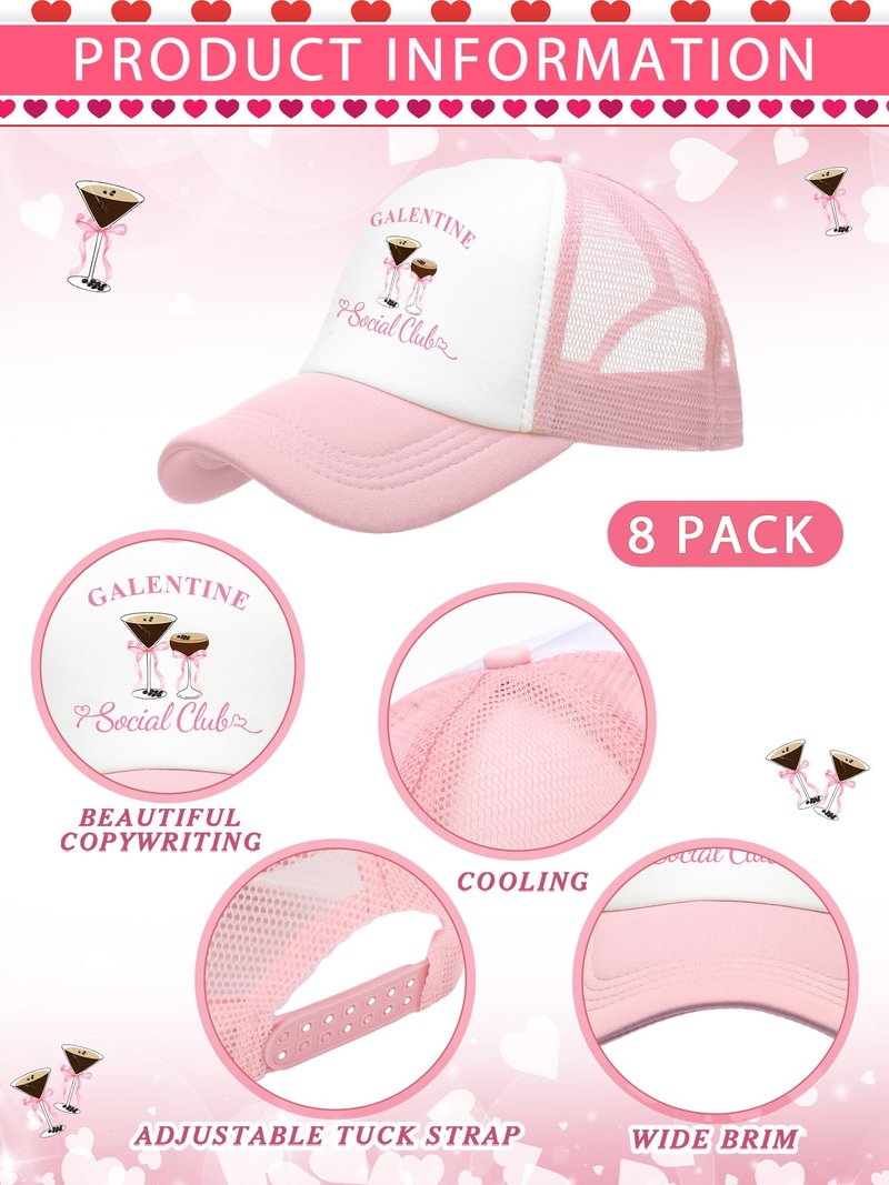 Suhine 8 Pack Galentine Trucker Hats for Women Valentine's Day Social Club Cap for Bestie Friends Galentine Gang Caps Valentine Sleepover Party Favors Goodie Bag Stuffers