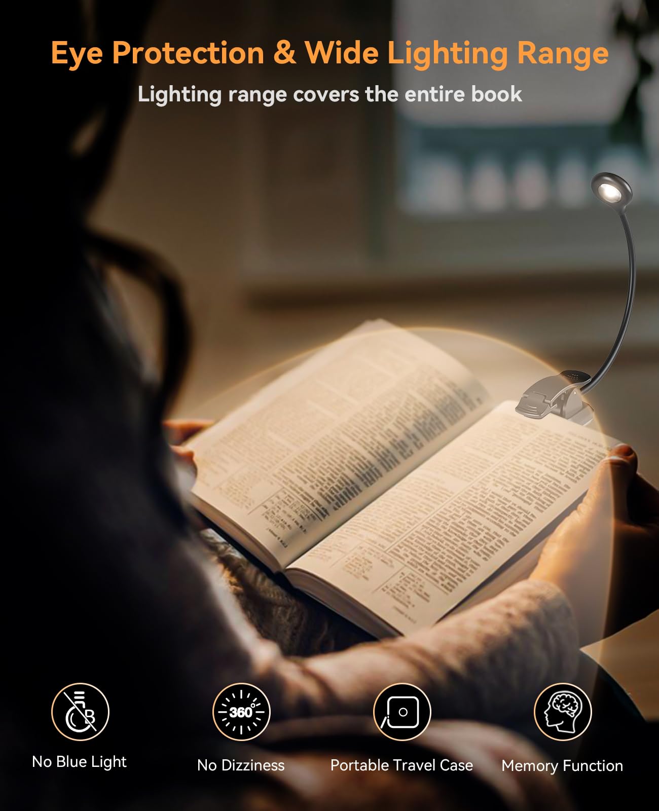 Hensam Book Light for Reading at Night, Rechargeable Reading Light with 1200 mAh Battery, Stepless Dimmable Reading Lights for Books in Bed, Portable Clip Book Light with Case