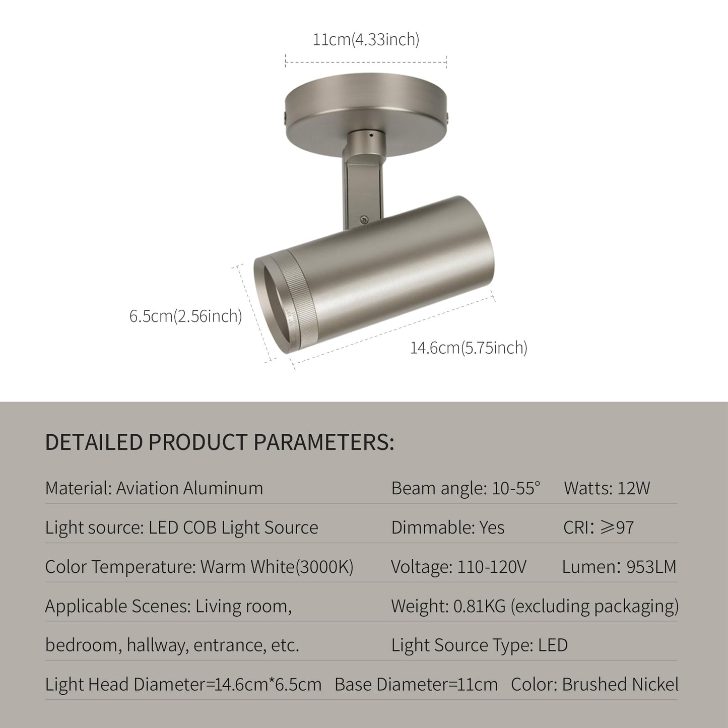 lovuphoria Dimmable Zoomable Spot Lights Indoor Spotlight, 12W Adjustable Angle Ceiling Spotlights for Wall Art Corridor Living Room, Accent Lighting Brushed Nickel Finish - Warm White