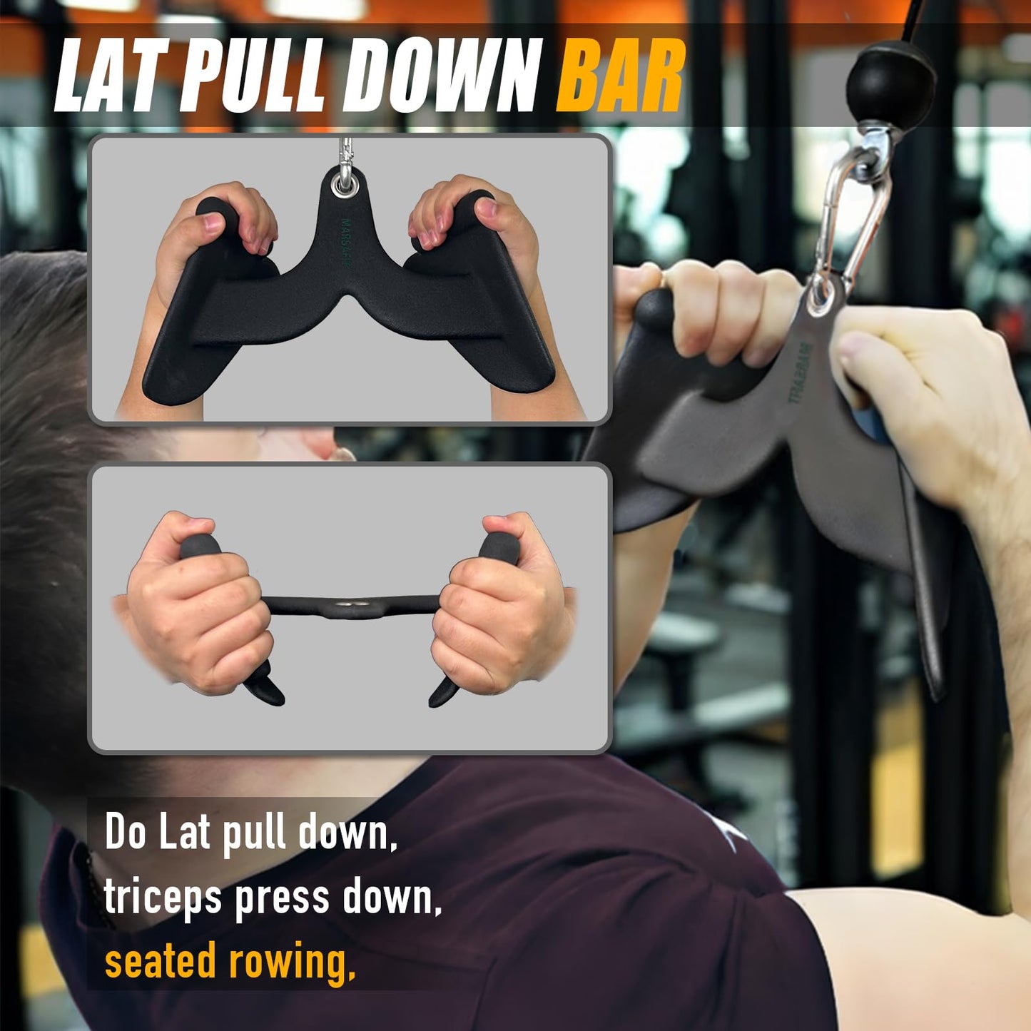 MARSAFIT Home Gym Fitness Rowing T-bar V-bar Pulley Cable Machine Attachment, Bicep Curl Tricep LAT pulldown Bar Back Strength Training Handle Grips LAT Pull Down Bar for Seat Row Workout (5PCS)