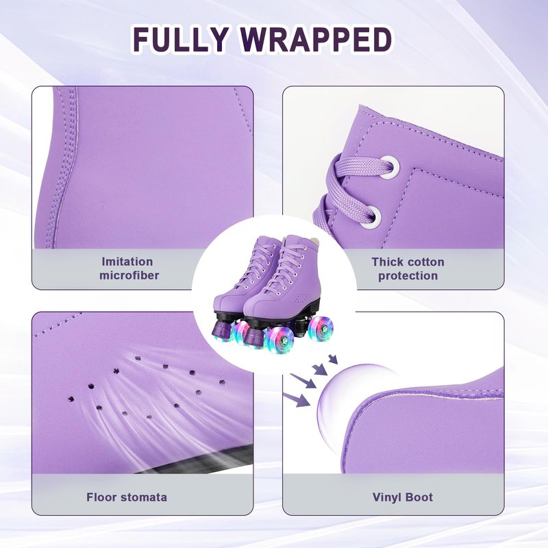 YYW Women Roller Skates High Top Shoes Men Double Row Shiny Roller Derby Skates Four Wheel Unisex PU Classic Skates for Beginner Outdoor (Purple Flashing Wheel,US40- Women's 9/Men's 7.5)