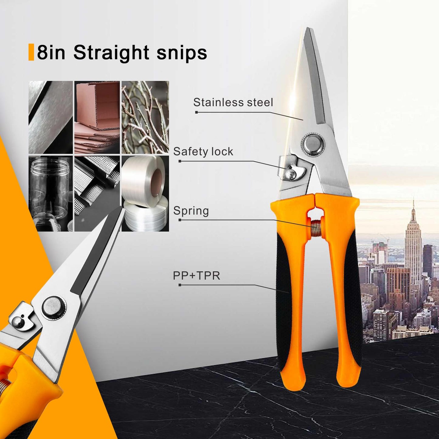 8" Aviation Tin Snips for cutting metal sheet,Heavy Duty Scissors with Safety Lock,Metal Snips cut wires,cardboard,branches,light metal,plastic zip ties,Fabric