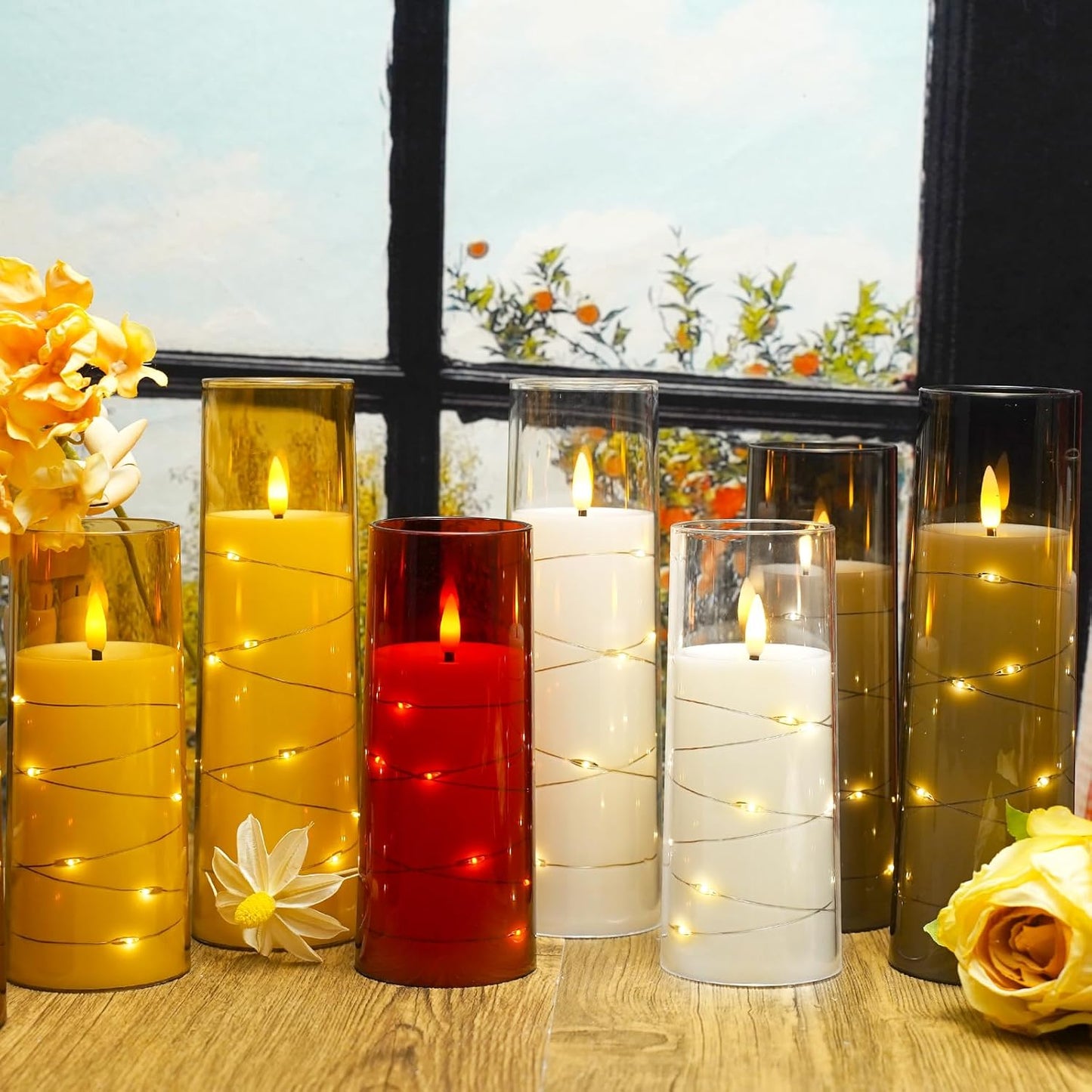 Flameless LED Pillar Candles Set - 9 Pcs White with Remote & Star String for Home Decor