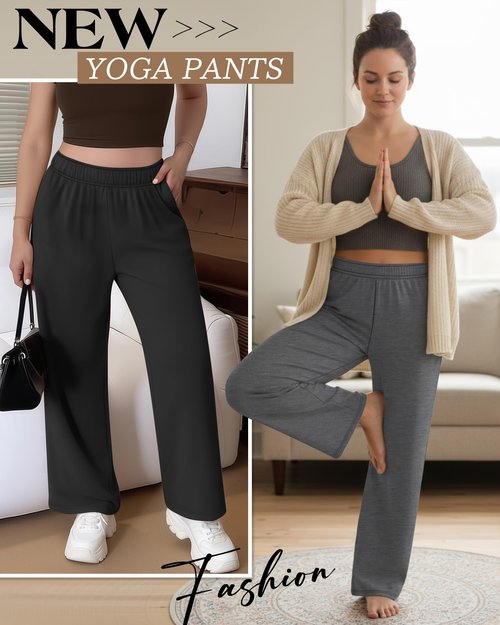 August Alley 3 Pack Women's Plus Size Wide Leg Yoga Pants, Baggy High Waist Lounge Pants, Drawstring Sweatpants with Pockets(Black, Mixed Gray, Navy Blue,3X-Large)