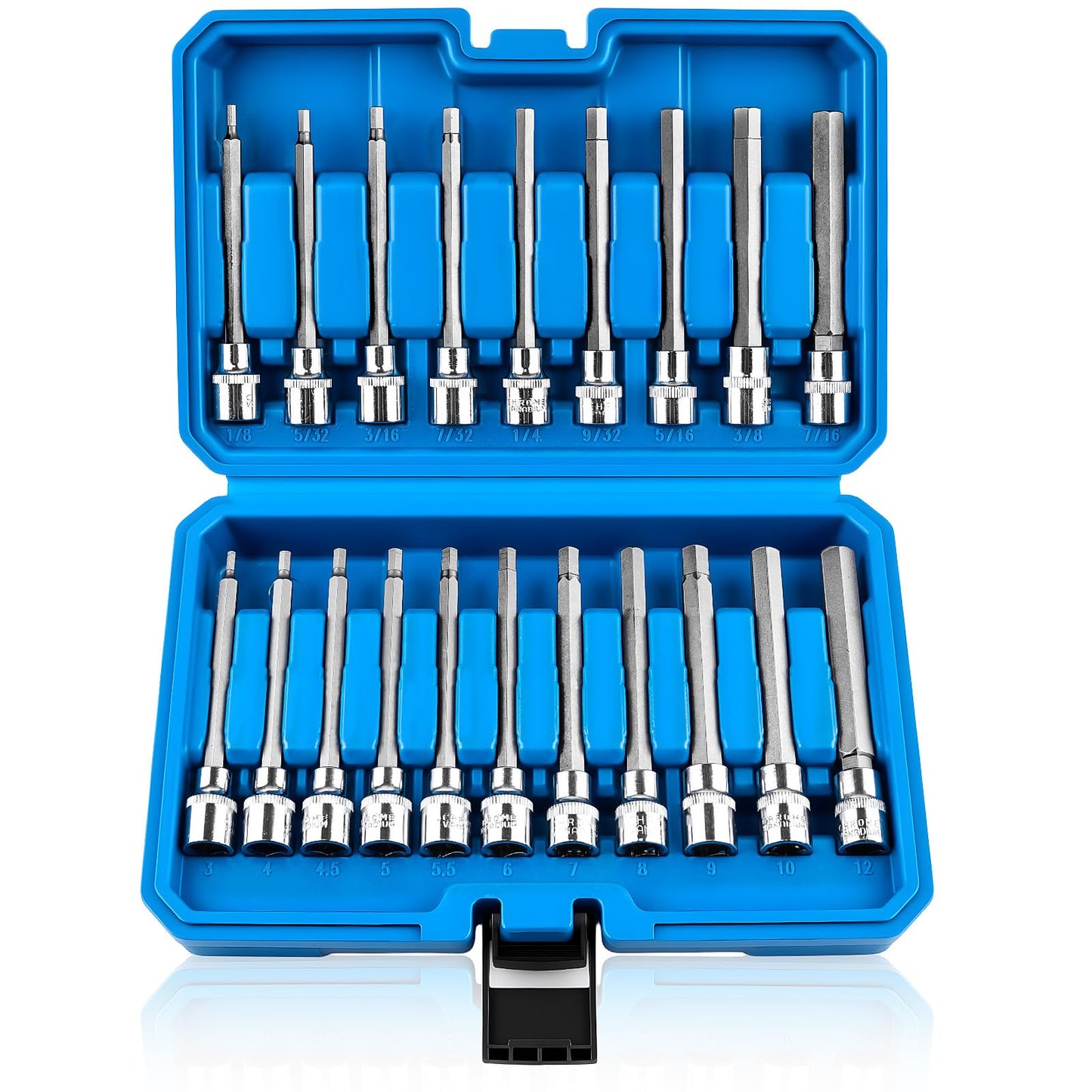 Feikenee 20PCS Extra-Long Allen Hex Bit Socket Set, 3/8 Inch Drive Allen Socket Set, SAE & Metric(1/8"-7/16", 3-12mm), CR-V and S2 Alloy Steel
