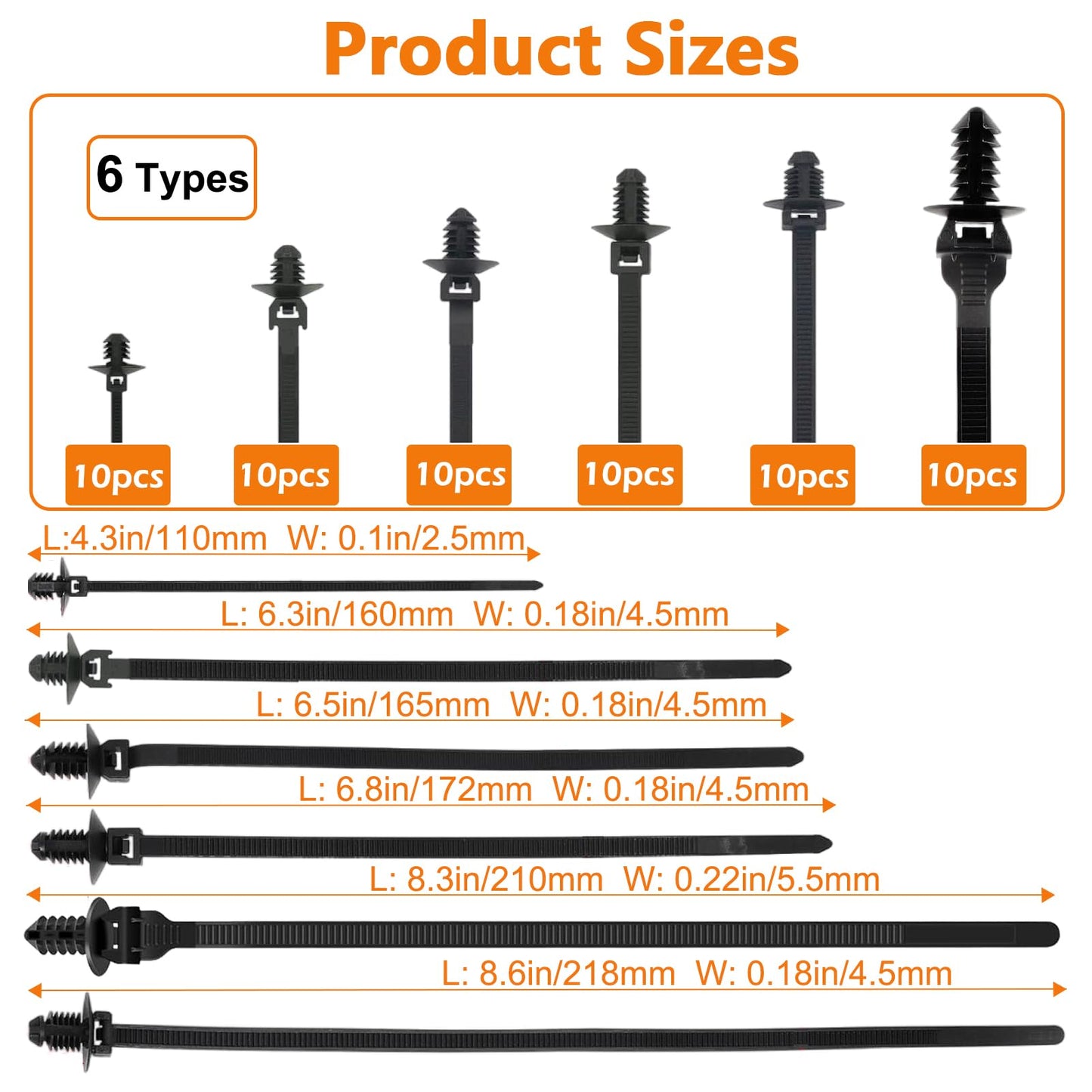 60Pcs Nylon Universal Cable Tie with Buckle Push Mount Zip Tie Mount ChristmasTree Zip Ties Mounts Automotive Cable Ties Wire Clips Fuel Line Ziptie High Temp Heat Resistant Wire Wrap (6-Types)