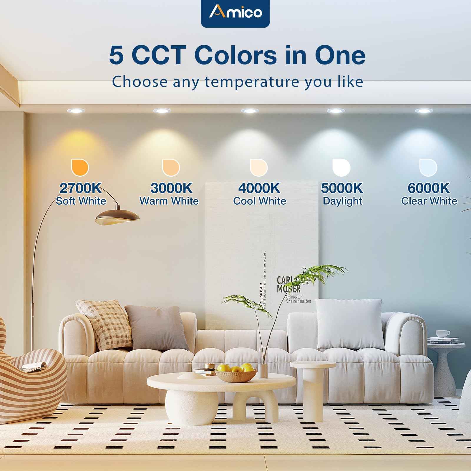 Amico 5/6 inch 5CCT LED Recessed Lighting 12 Pack, Dimmable, Damp Rated, 12.5W=100W, Can Lights with Baffle Trim, Retrofit Installation, ETL&FCC, White