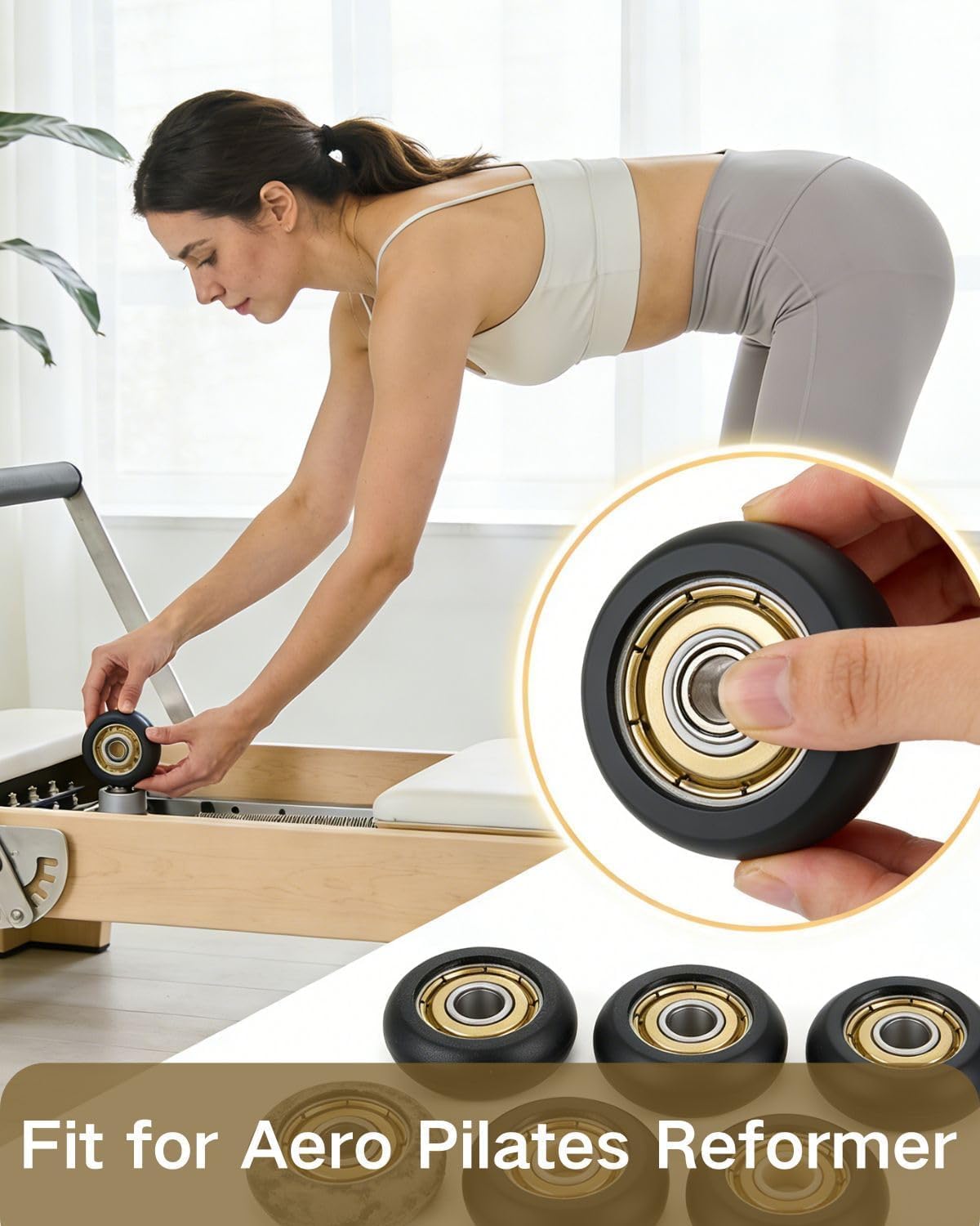 4Pcs Roller Wheel Kit Compatible with Aero Pilates Reformer, 1.26" Smooth Quiet Glide Wheels with Bearings, Full Kit with L-Wrench Adjustable Wrench & Gloves