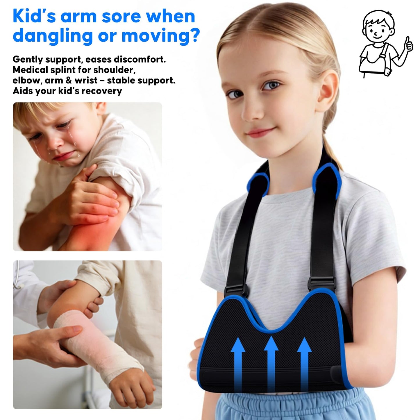 FELICITDR Child Arm Sling: Dual Steel Plate Support for Enhanced Stability & Safety, Breathable Mesh & Soft Sponge Lining, Skin-Friendly, Ergonomic Design for Kids, Prevents Circulation Issues