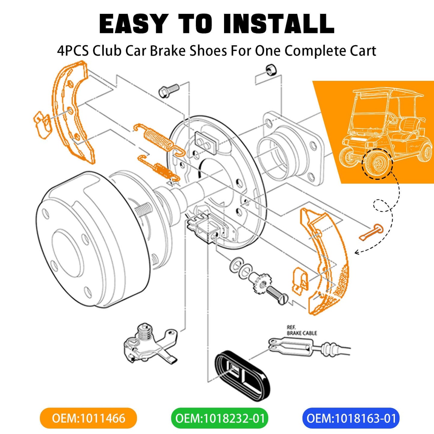 LEAPGOMAX Club Car Brake Shoes and Spring Kit for DS G&E 1995-up (Automatic Adjust)& Precedent 1018232-01 Golf Cart Replacement Brake Shoe Pads (2 Short & 2 Long)