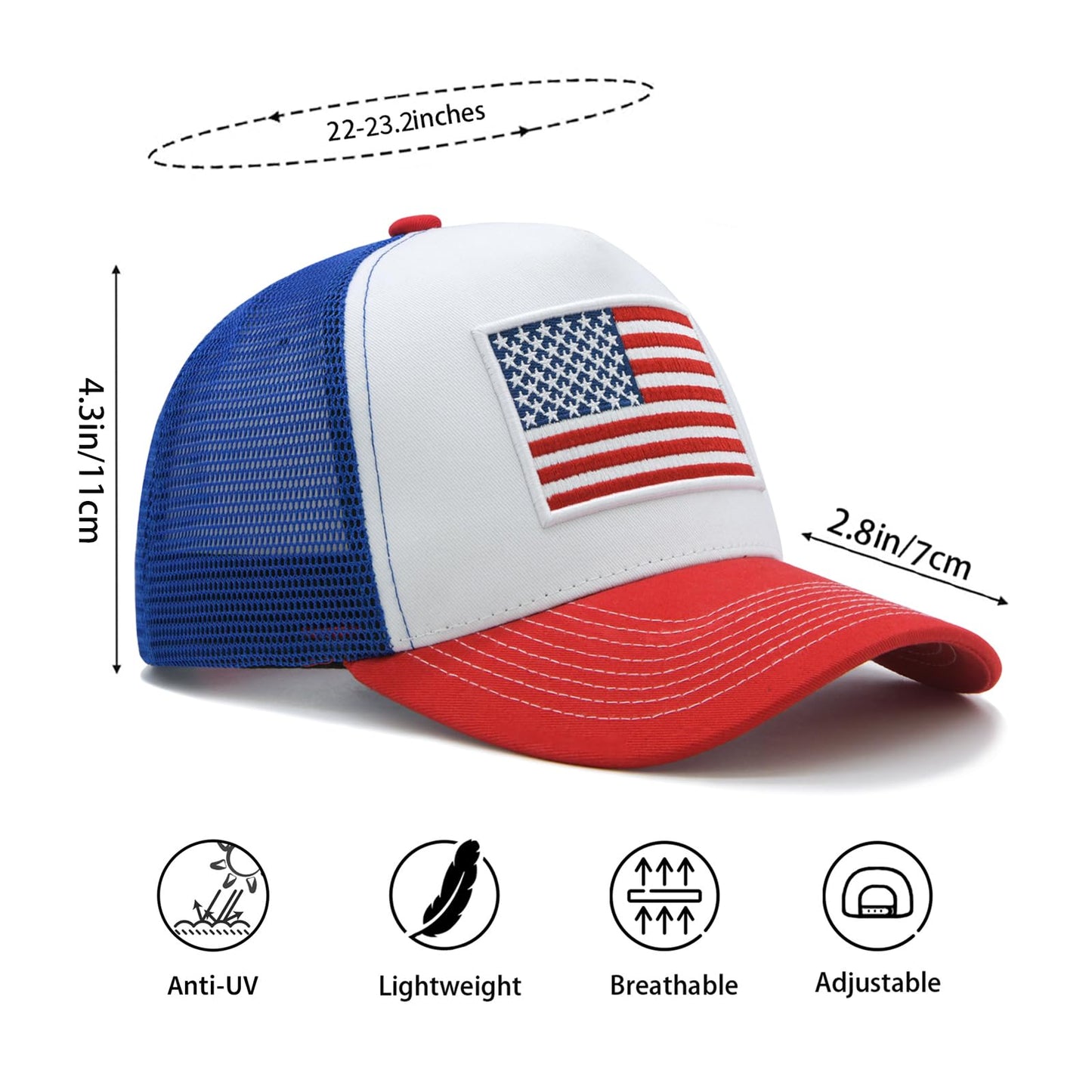 Wodeal American Flag Trucker Hat, 4th of July Hats, Adjustable Snapback Mesh USA Flag Baseball Cap, for Men Women Red