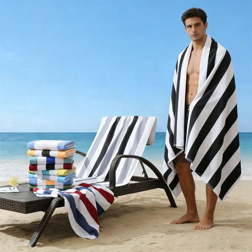 Beach Towel Set - Skiennix 4-Pack Quick-Dry Sand-Free Stripe Towels | 30"x60" Soft Absorbent Grey/Black
