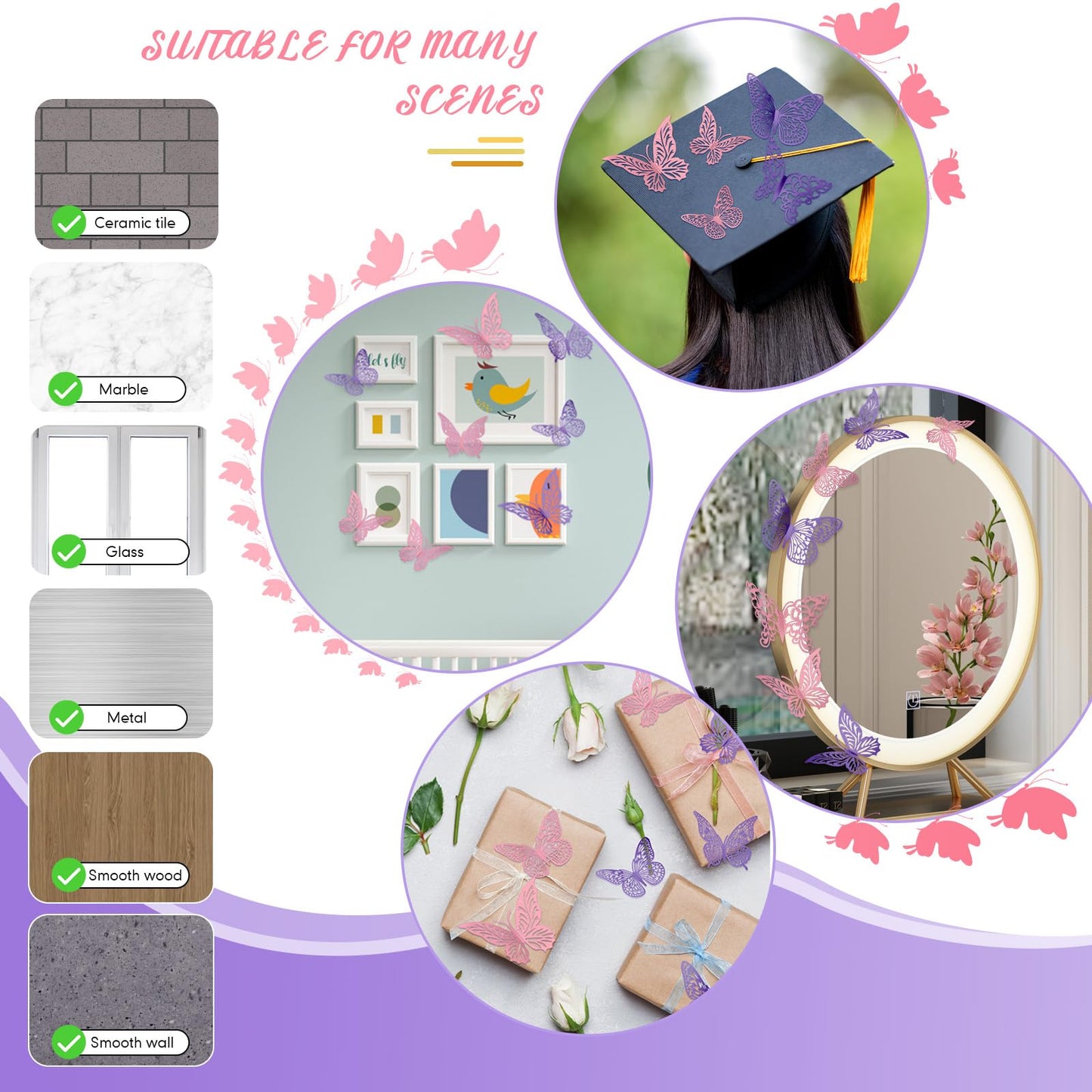 3D Gold Butterfly Wall Decor 3 Sizes 4 Styles Butterfly Party Decorations Cake Decorations Removable Stickers Wall Decor Room Mural Metallic Kids (Purple+Pink, 96Pcs)