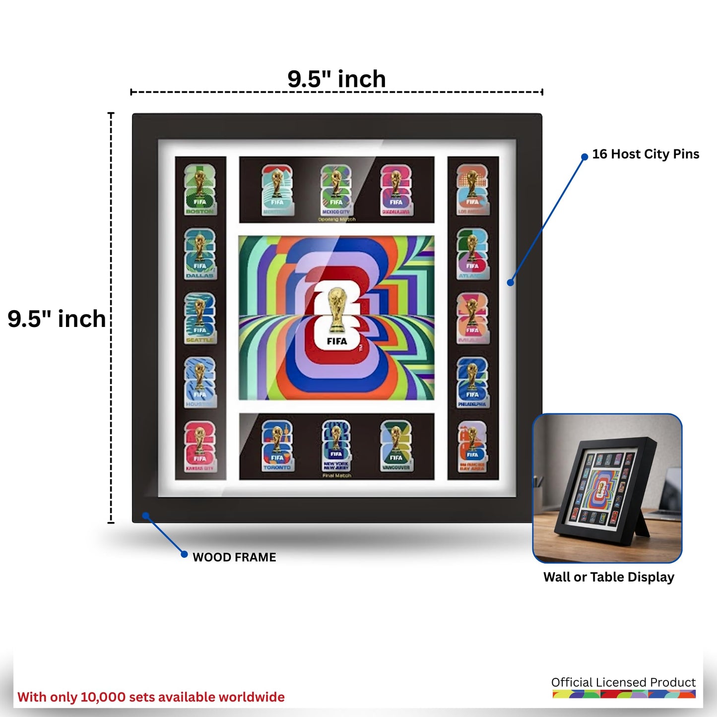 Wagon International Officially Licensed FIFA World Cup 2026 Host Cities Pin Frame – Complete 16-City Set with 2.5D Trophy Pin – Limited Edition Wall-Mountable Display (Only 10,000 Globally)