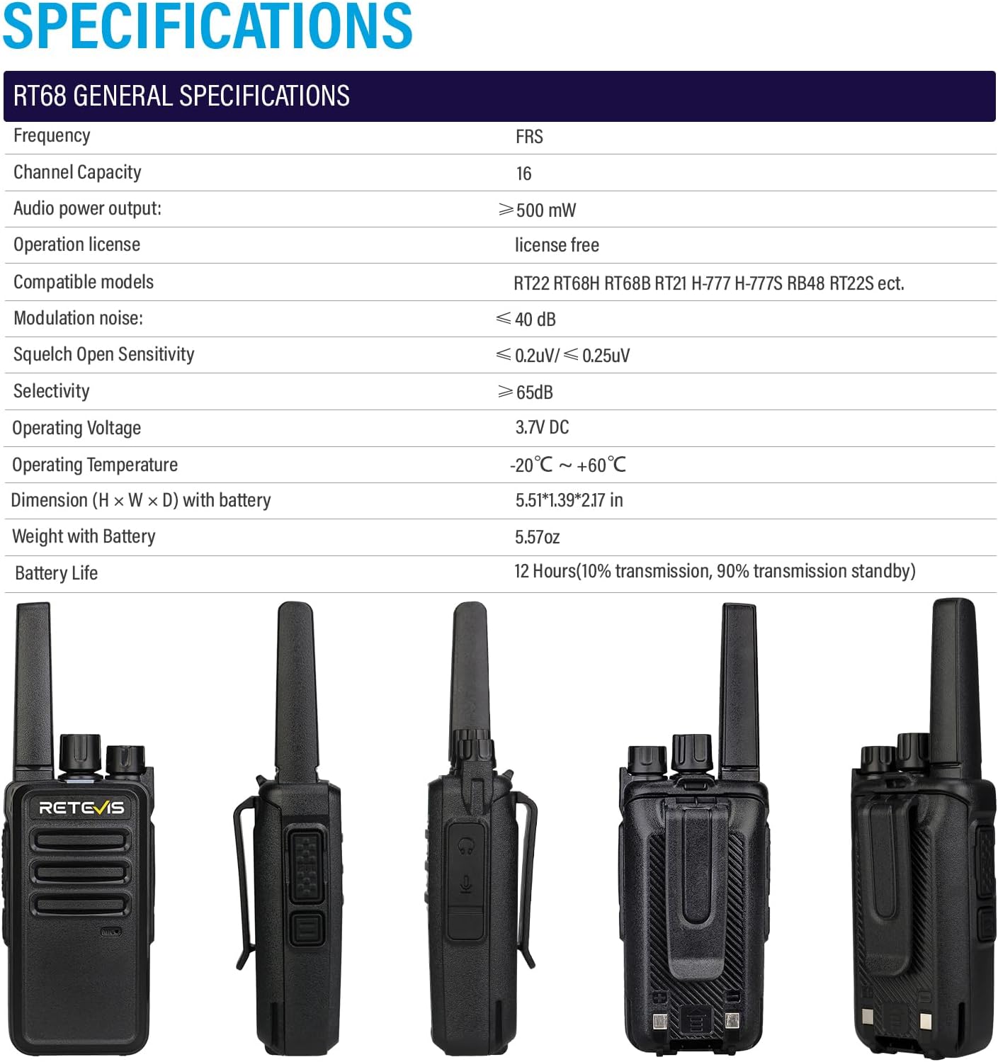 Retevis RT68 Walkie Talkies - Long Range 2-Way Radios with 10 Multi-Way Charger | Compact & Rechargeable 1200mAh