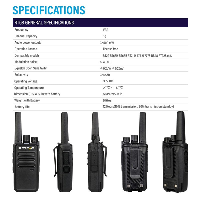Retevis RT68 Walkie Talkies Rechargeable,Portable FRS Two-Way Radios for Adults,Heavy Duty 2 Way Radios Long Range,USB Charging Base,License Free Walkie Talkie for Road Trip Gifts Camping (2 Pack)